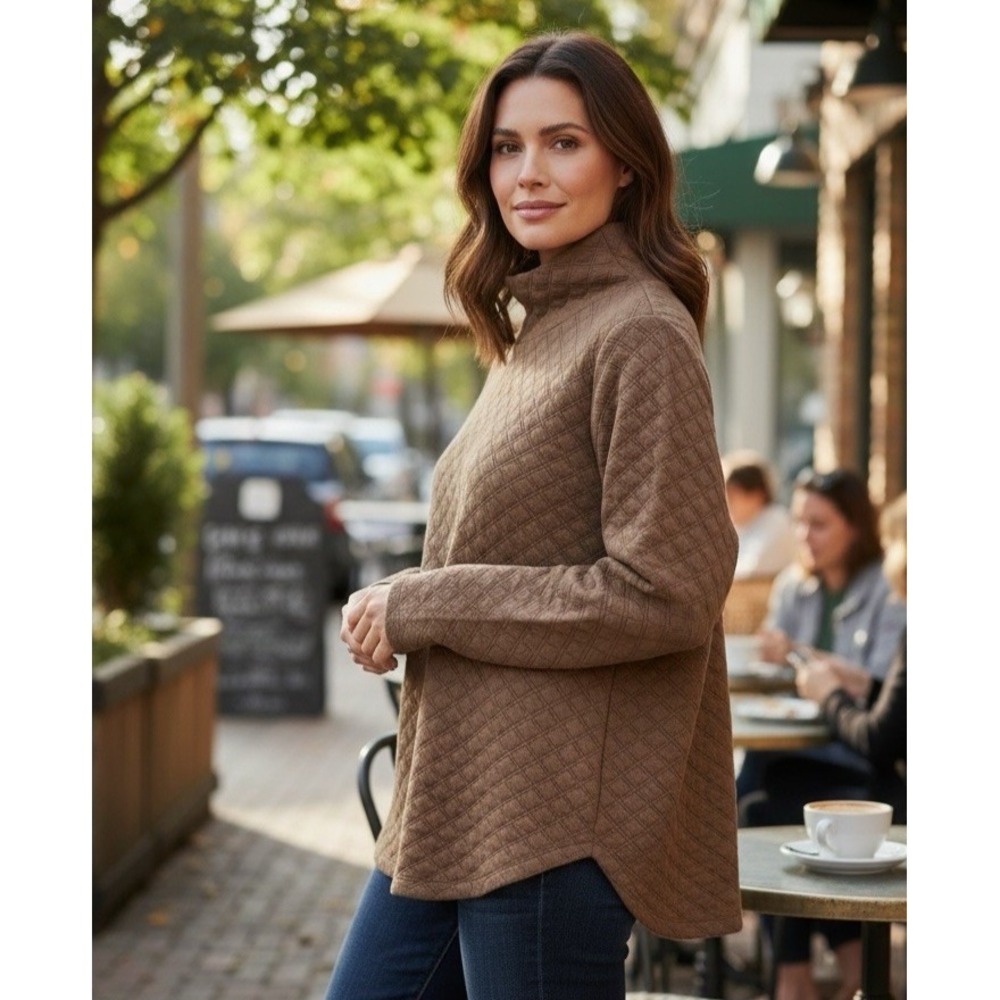 J. Crew Women's M Mock Quilted Round Hem Pullover Sweatshirt Tan Beige